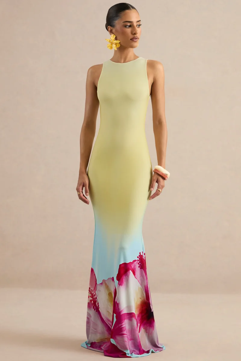 Marlo | Vestido Largo Amarillo Ombré Con Estampado De Lirios