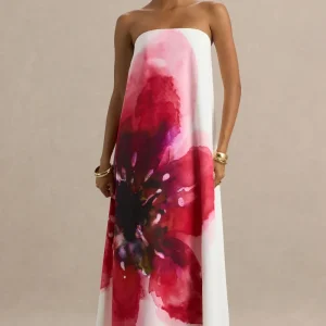 Breonna | Vestido Largo Rosa Fucsia Palabra de Honor con Estampado Floral