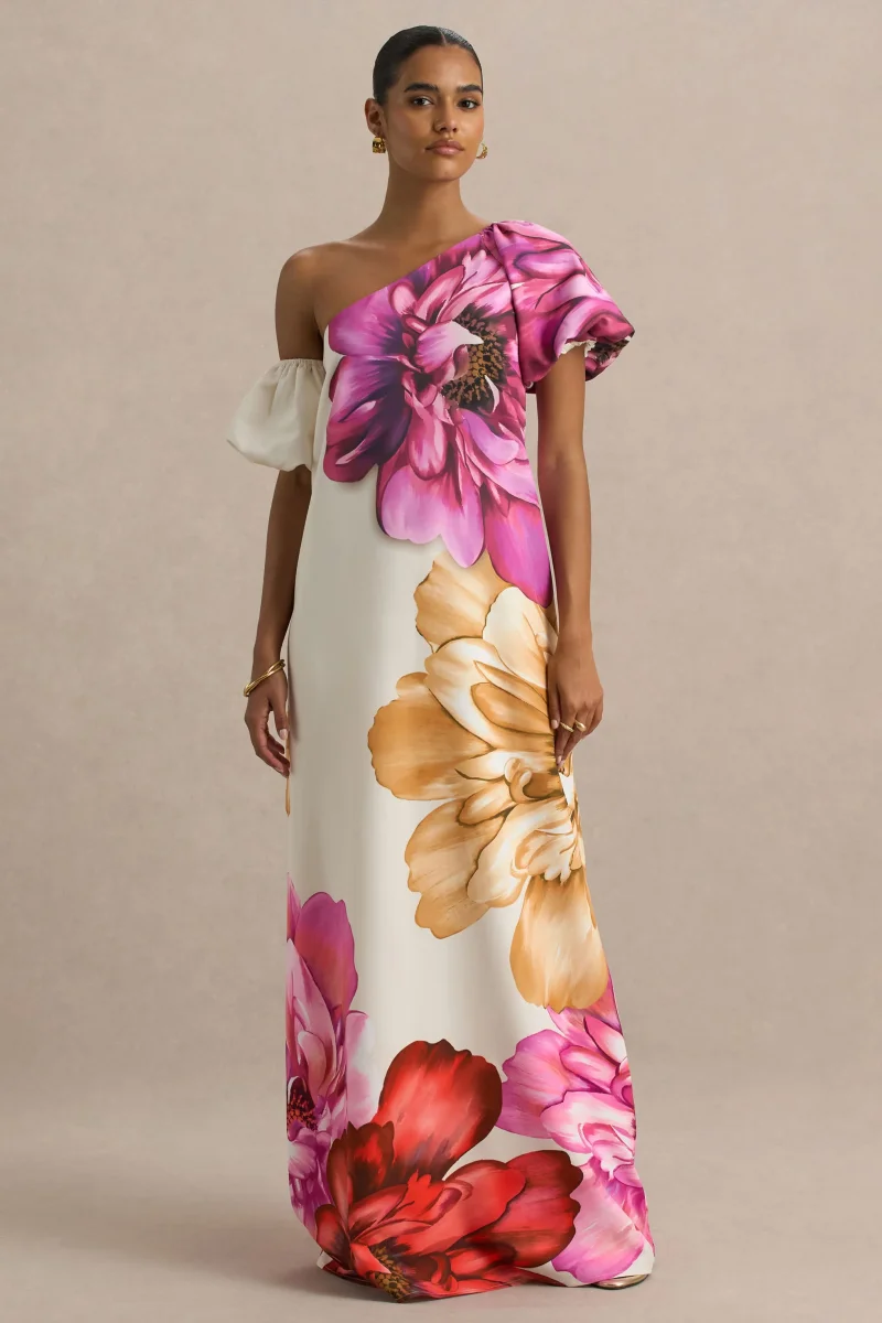 Anastasia | Vestido Largo Asimétrico Con Estampado Floral Grande y Detalle Fruncido - Imagen 3
