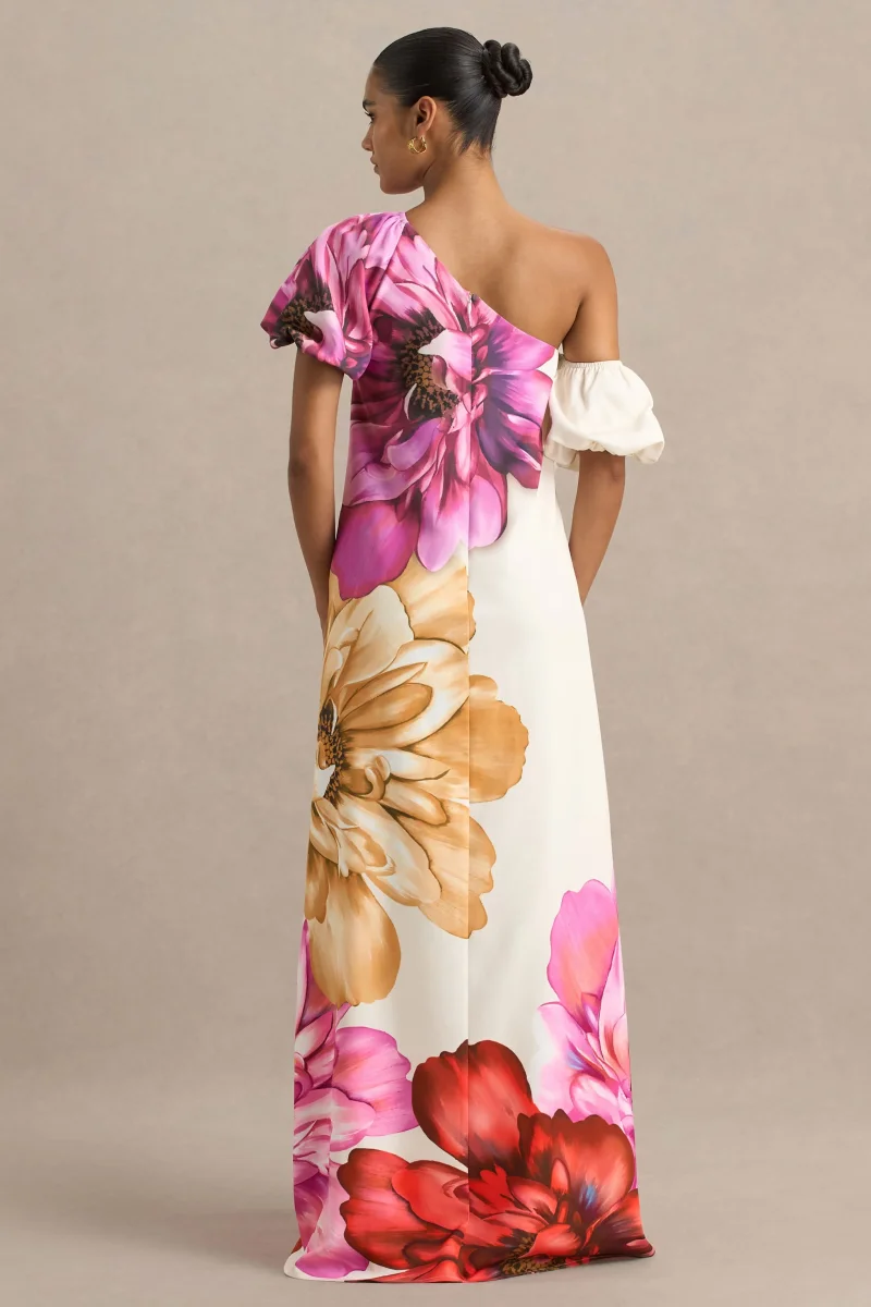 Anastasia | Vestido Largo Asimétrico Con Estampado Floral Grande y Detalle Fruncido - Imagen 4