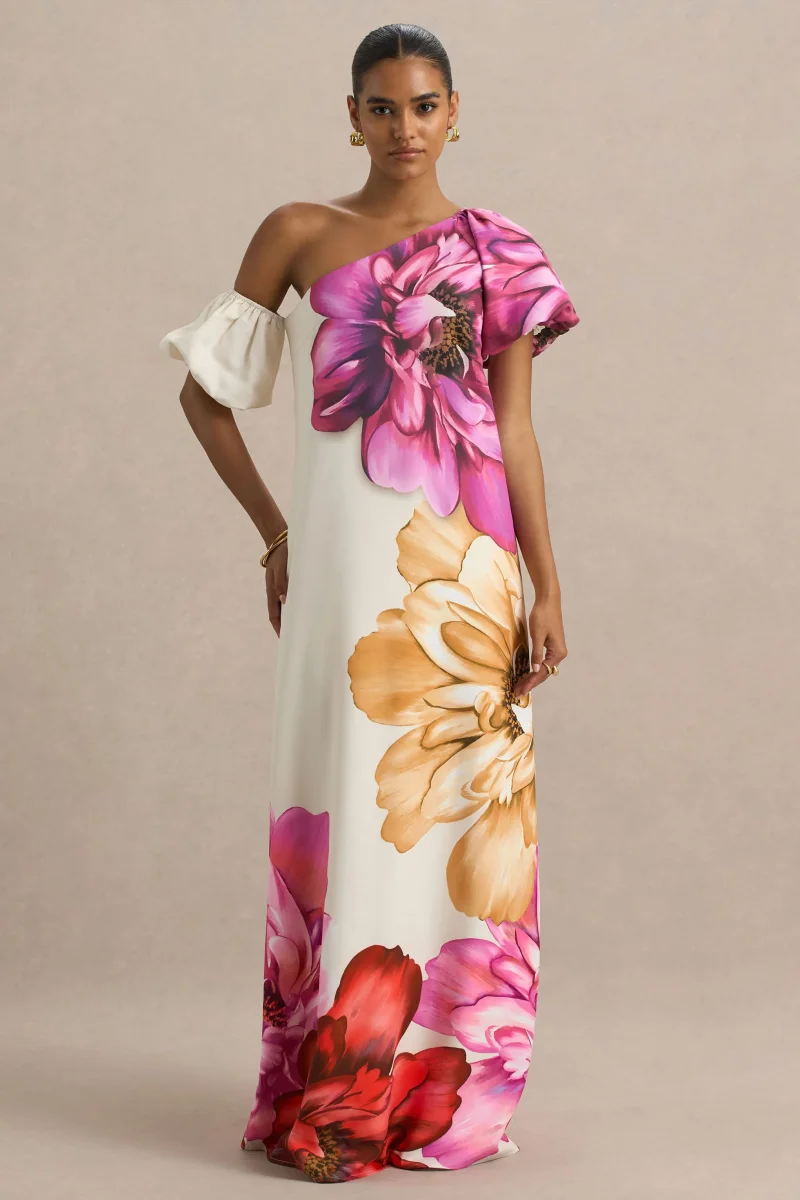 Anastasia | Vestido Largo Asimétrico Con Estampado Floral Grande y Detalle Fruncido - Imagen 5