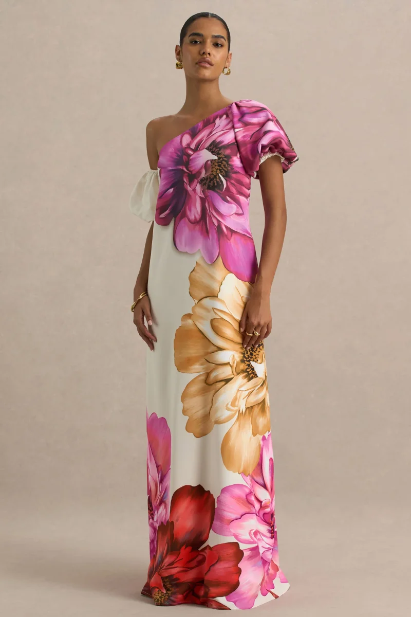 Anastasia | Vestido Largo Asimétrico Con Estampado Floral Grande y Detalle Fruncido - Imagen 6