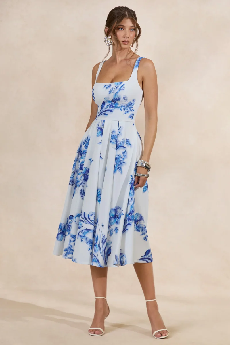 Lissa | Vestido Midi Azul Con Estampado Floral De Cuello Cuadrado - Imagen 6