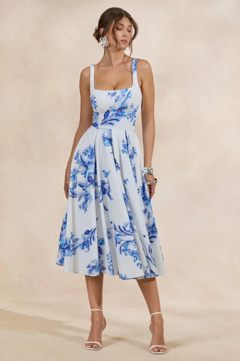 Lissa | Vestido Midi Azul Con Estampado Floral De Cuello Cuadrado