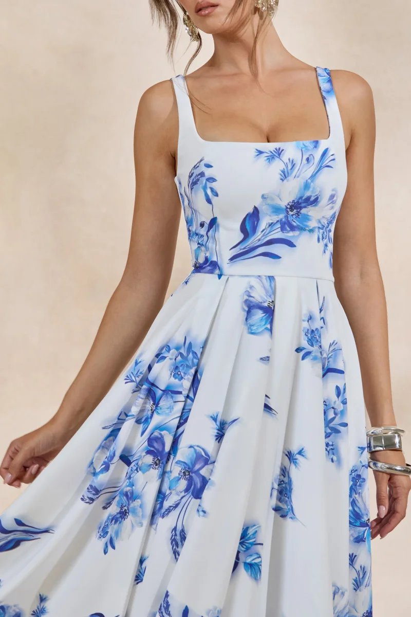 Lissa | Vestido Midi Azul Con Estampado Floral De Cuello Cuadrado - Imagen 4