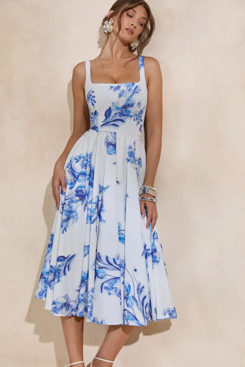 Lissa | Vestido Midi Azul Con Estampado Floral De Cuello Cuadrado - Imagen 5