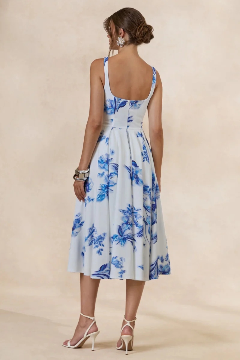 Lissa | Vestido Midi Azul Con Estampado Floral De Cuello Cuadrado - Imagen 3