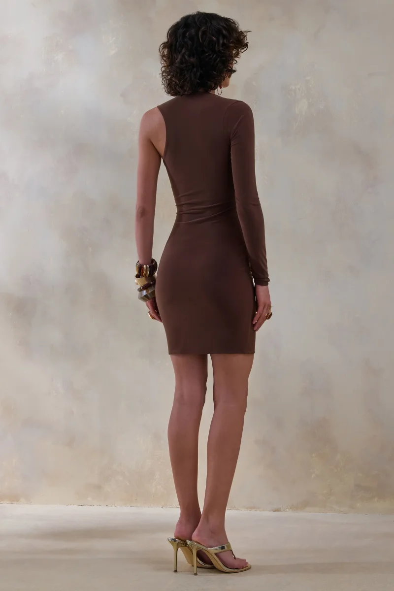 Siren | Vestido corto marrón Bodycon de un solo hombro - Imagen 4