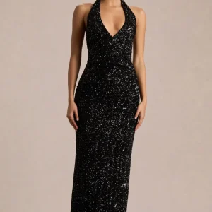 Gio | Vestido Midi de Lentejuelas Negras con Escote Pronunciado y Detalles Fruncidos