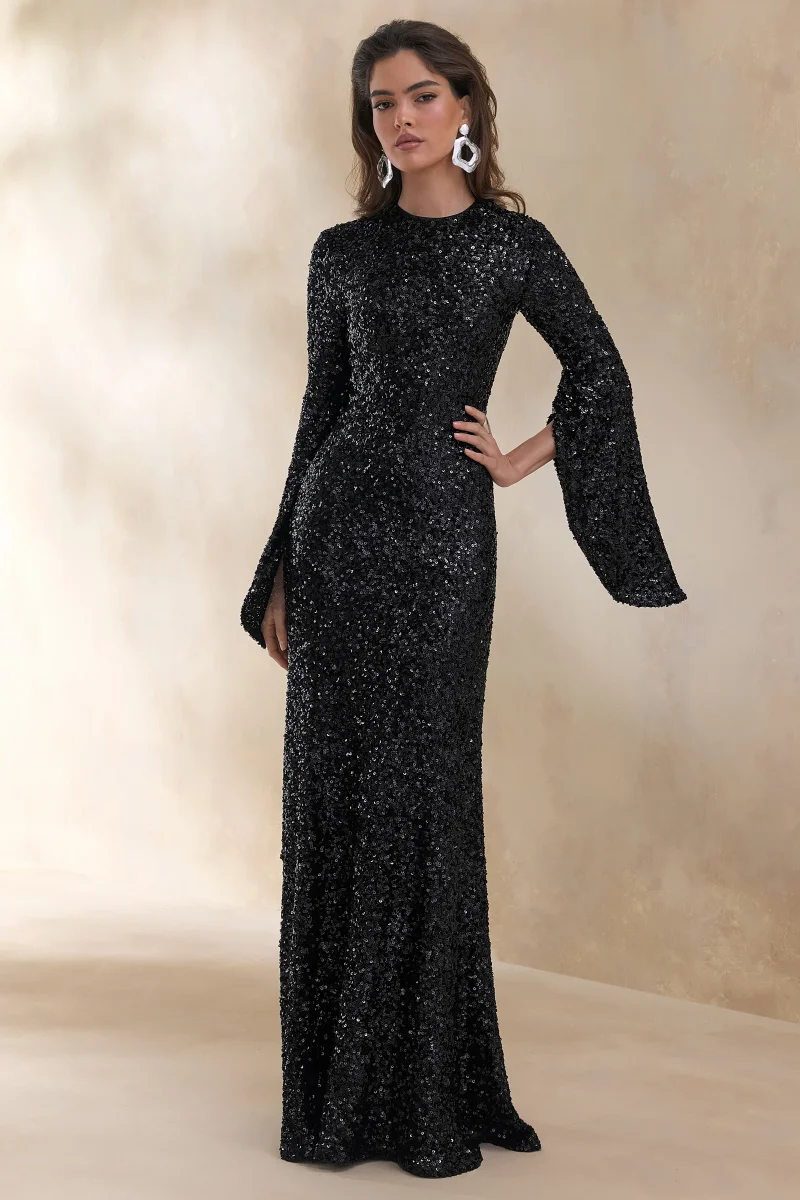 Romea | Vestido Largo Negro de Lentejuelas con Cuello Alto y Mangas Capa - Imagen 6