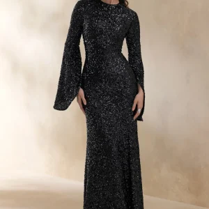Romea | Vestido Largo Negro de Lentejuelas con Cuello Alto y Mangas Capa