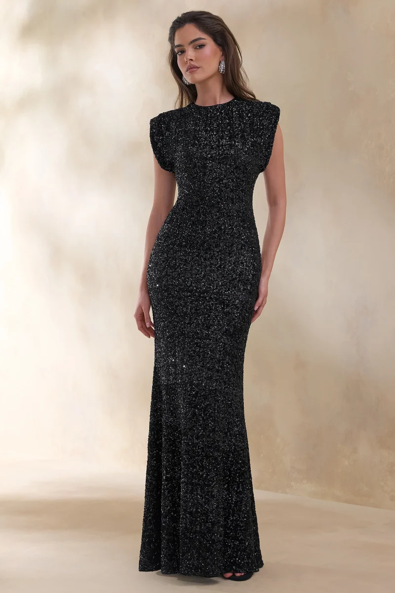 Aurah | Vestido Largo Negro de Lentejuelas con Escote Redondo y Mangas Casquillo - Imagen 5