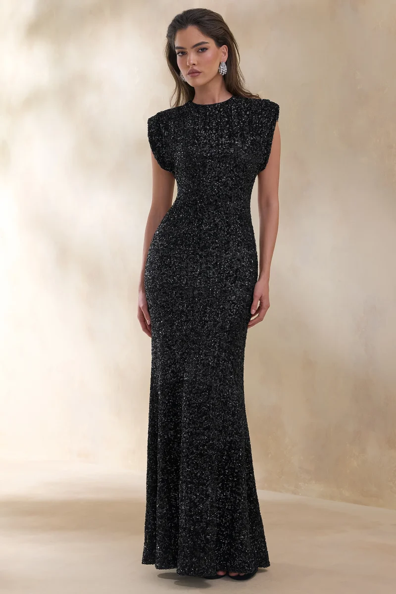 Aurah | Vestido Largo Negro de Lentejuelas con Escote Redondo y Mangas Casquillo