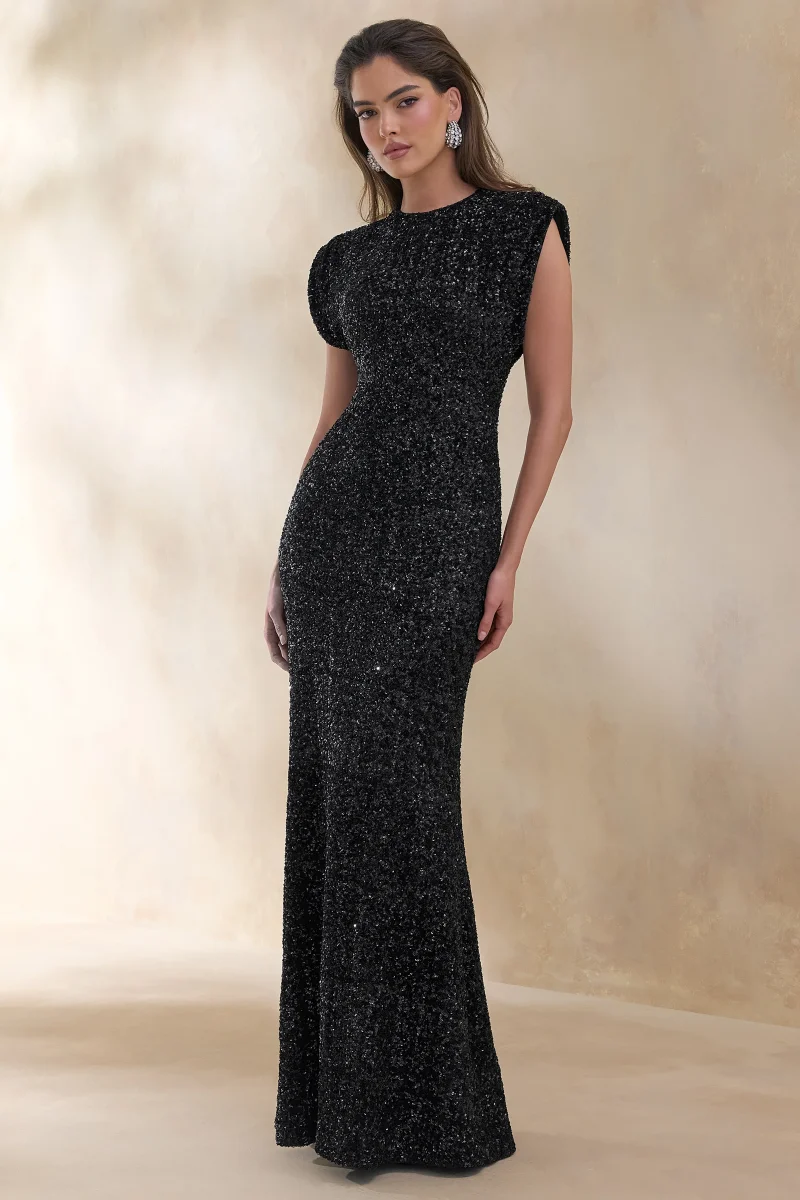 Aurah | Vestido Largo Negro de Lentejuelas con Escote Redondo y Mangas Casquillo - Imagen 6