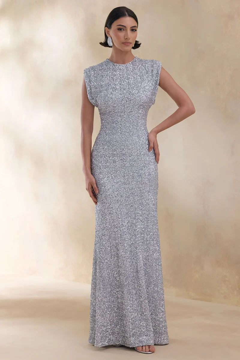 Aurah | Vestido Largo Plata de Lentejuelas con Escote Redondo y Mangas Casquillo - Imagen 2