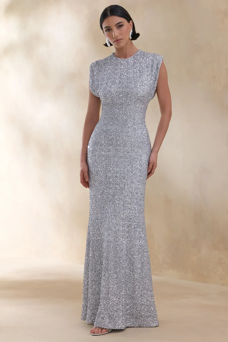 Aurah | Vestido Largo Plata de Lentejuelas con Escote Redondo y Mangas Casquillo - Imagen 5