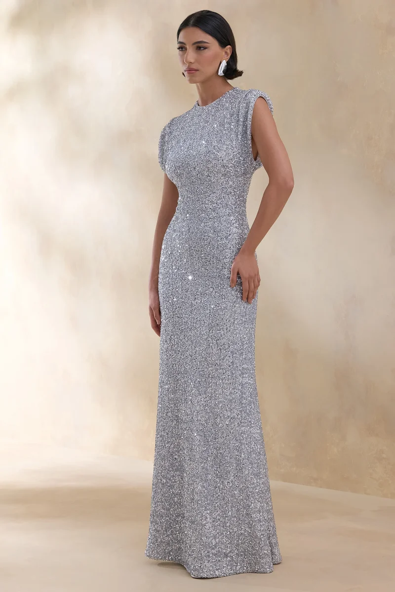 Aurah | Vestido Largo Plata de Lentejuelas con Escote Redondo y Mangas Casquillo - Imagen 6