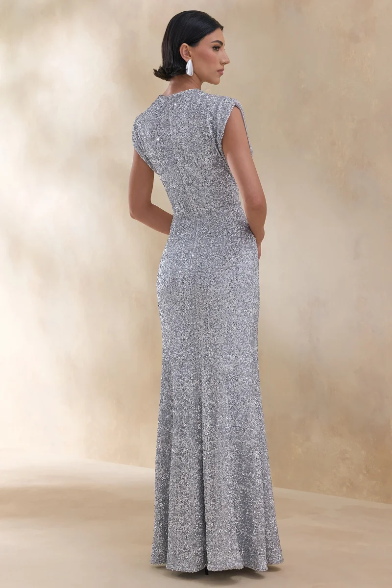 Aurah | Vestido Largo Plata de Lentejuelas con Escote Redondo y Mangas Casquillo - Imagen 3