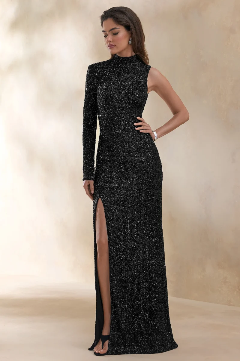 Mery | Vestido Largo de Lentejuelas Negras con Cuello Alto y Diseño Cruzado de Una Sola Manga - Imagen 7