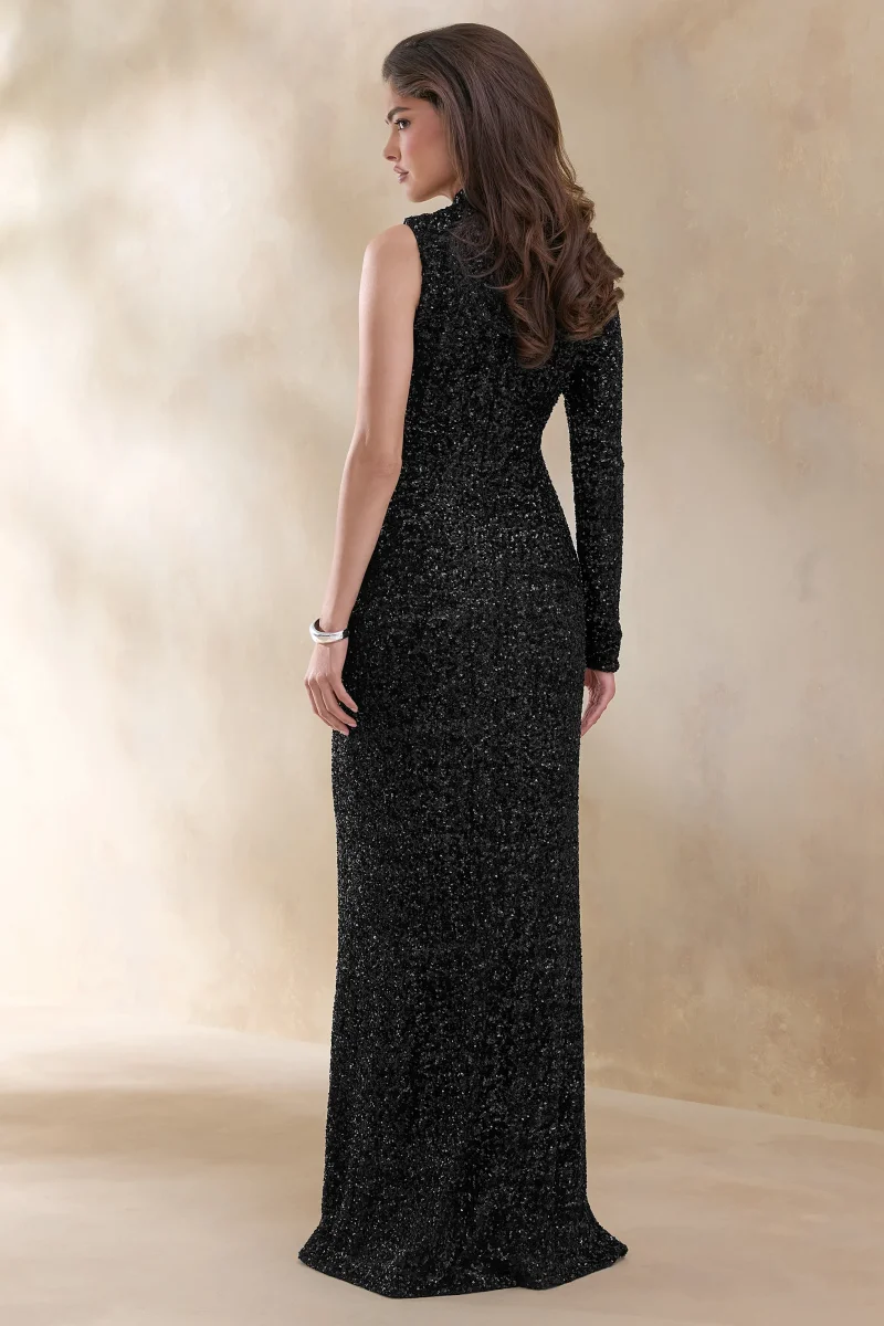 Mery | Vestido Largo de Lentejuelas Negras con Cuello Alto y Diseño Cruzado de Una Sola Manga - Imagen 3