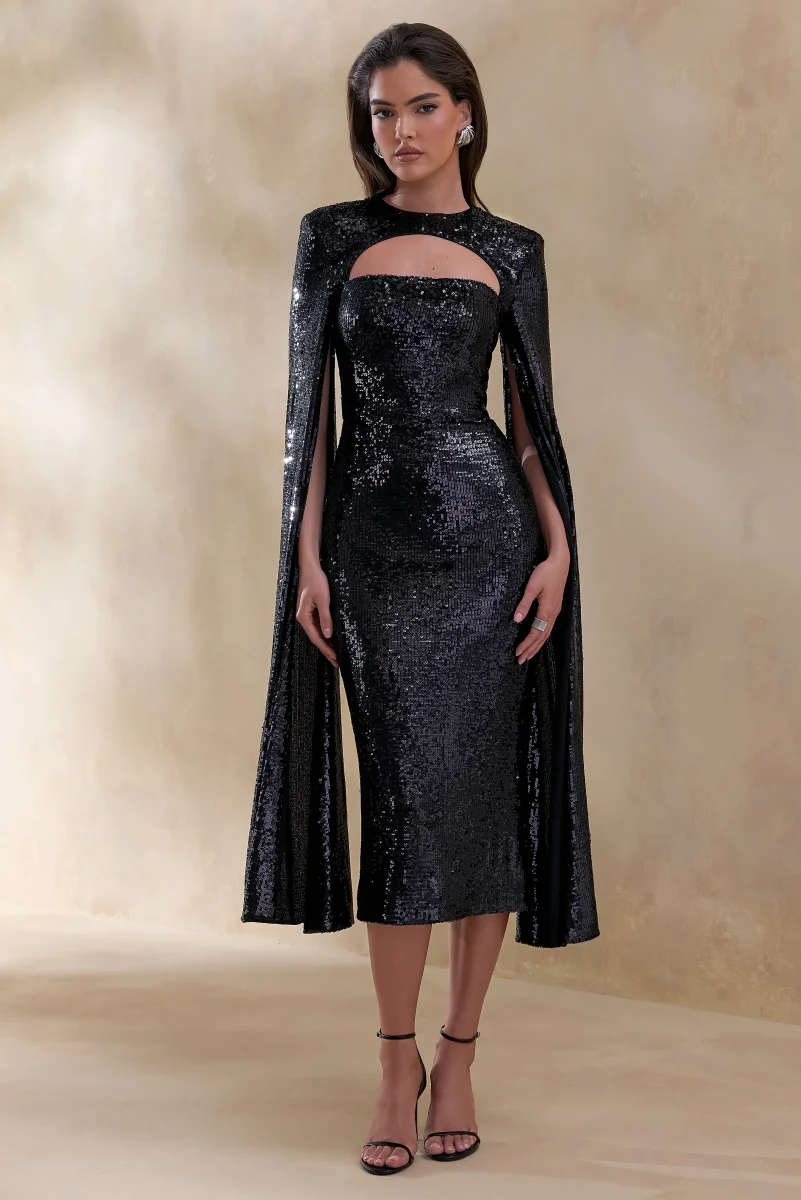 Adeline | Vestido Midi de Lentejuelas Negras con Cuello Redondo y Mangas Capa