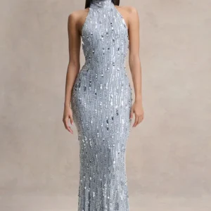 Zaira | Vestido Largo de Lentejuelas Plata con Escote Alto y Espalda Descubierta
