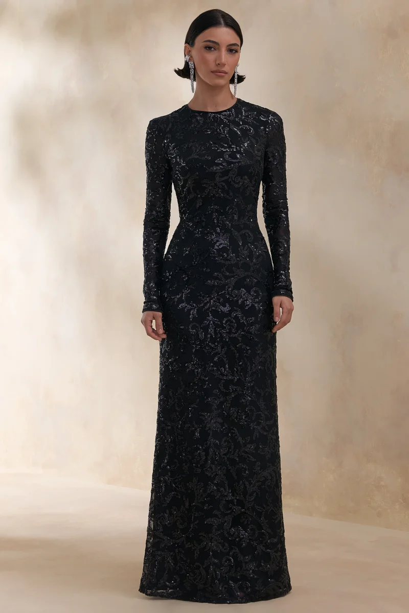 Stellar | Vestido largo de encaje adornado negro con cuello alto y mangas largas