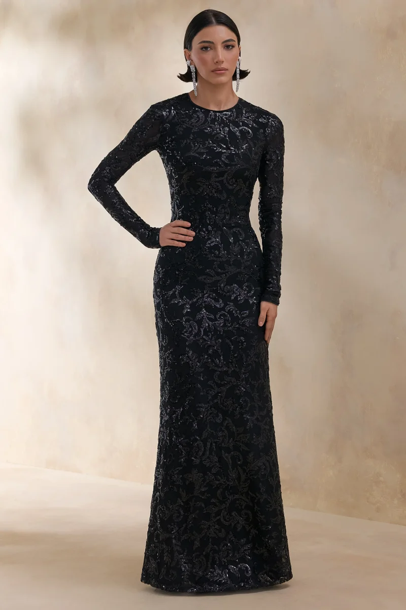 Stellar | Vestido largo de encaje adornado negro con cuello alto y mangas largas - Imagen 6