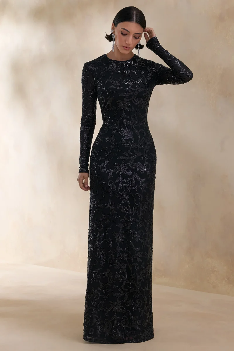Stellar | Vestido largo de encaje adornado negro con cuello alto y mangas largas - Imagen 5