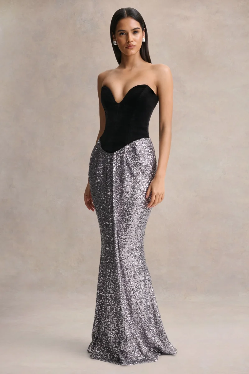 Aeris | Vestido Largo de Terciopelo Negro con Lentejuelas Plateadas y Escote Pronunciado - Imagen 5