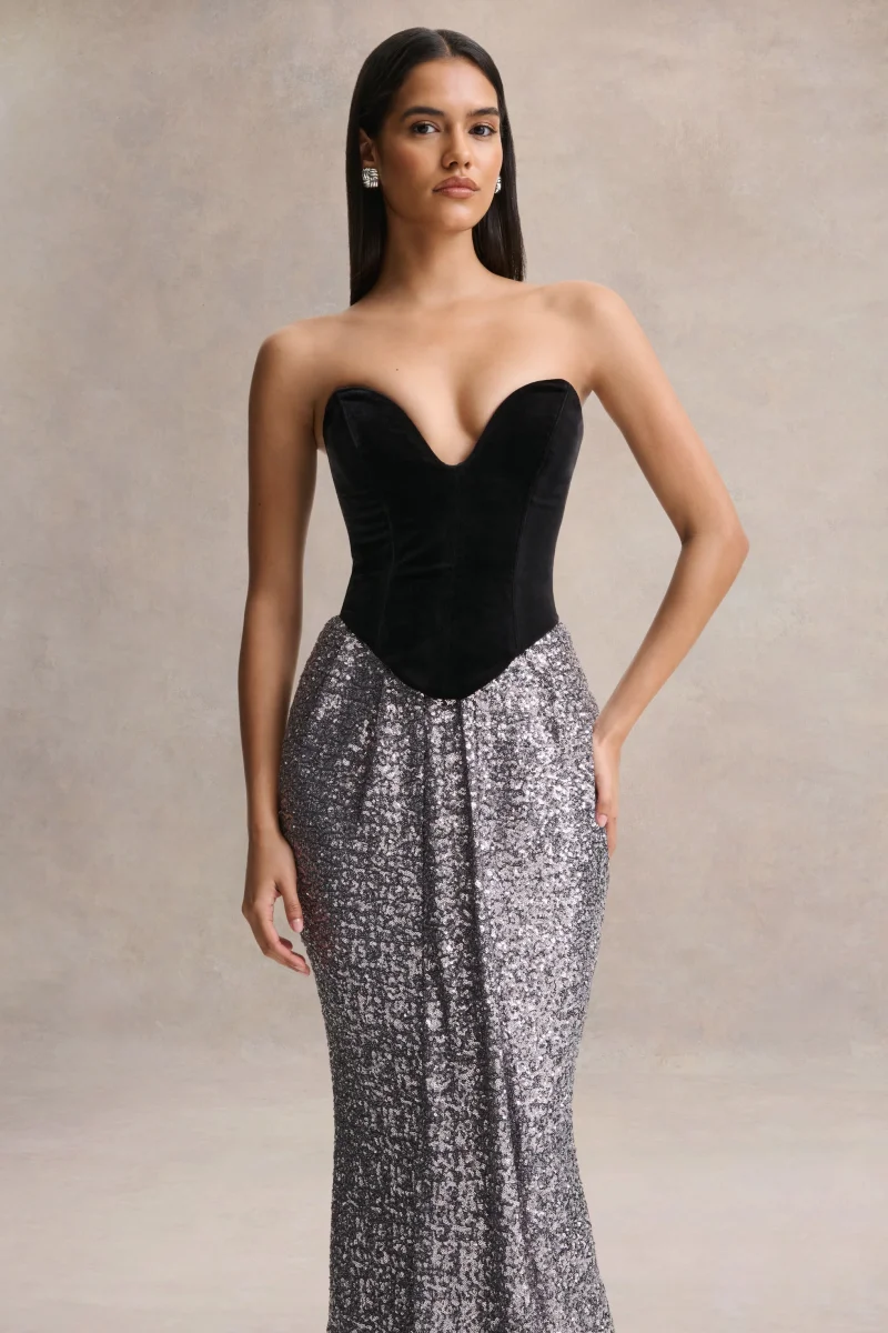 Aeris | Vestido Largo de Terciopelo Negro con Lentejuelas Plateadas y Escote Pronunciado - Imagen 6