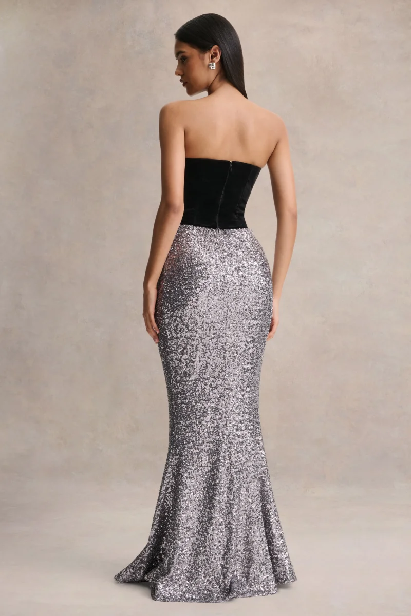 Aeris | Vestido Largo de Terciopelo Negro con Lentejuelas Plateadas y Escote Pronunciado - Imagen 3