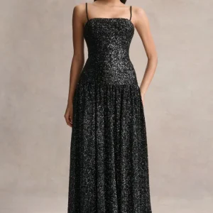 Allora | Vestido Largo negro de lentejuelas con escote bandeau y falda plisada
