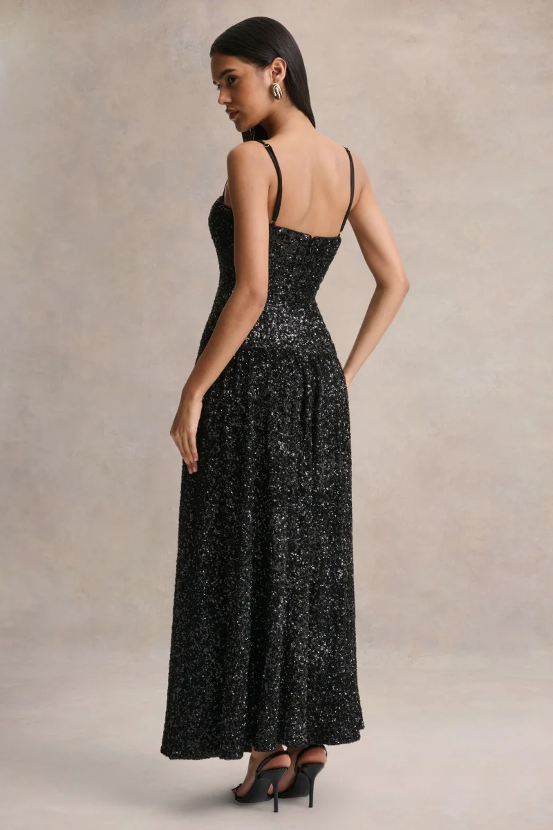 Allora | Vestido Largo negro de lentejuelas con escote bandeau y falda plisada - Imagen 3