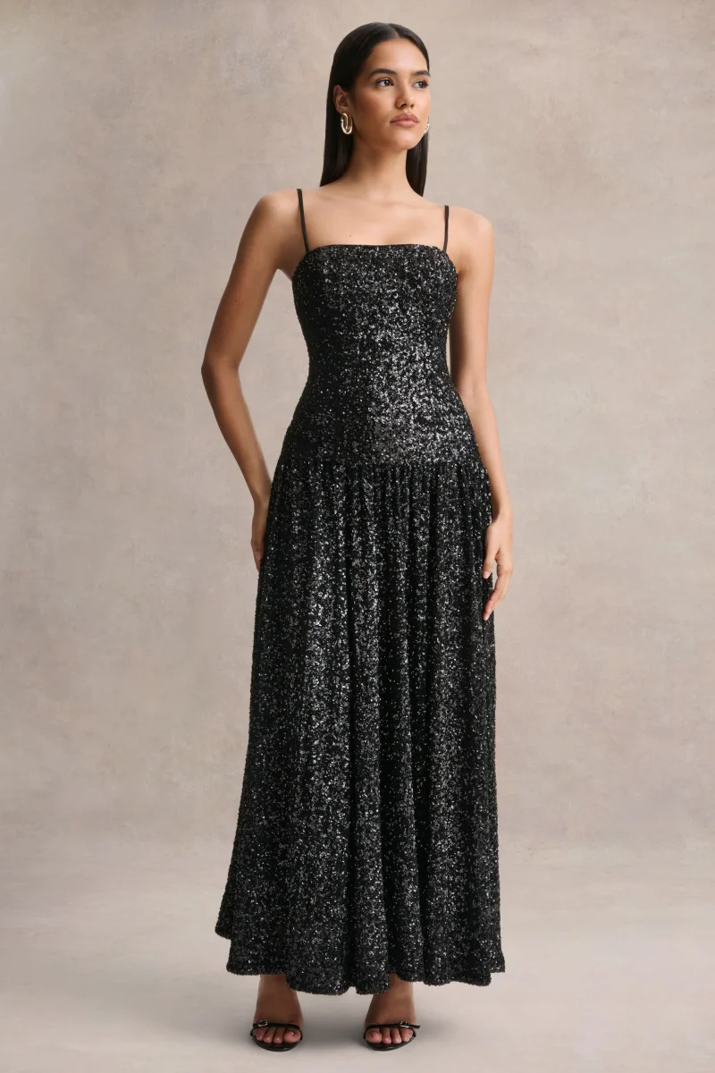 Allora | Vestido Largo negro de lentejuelas con escote bandeau y falda plisada - Imagen 5