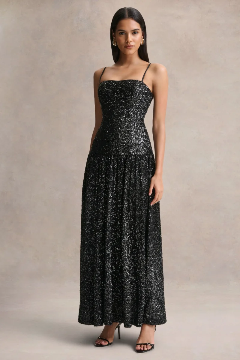 Allora | Vestido Largo negro de lentejuelas con escote bandeau y falda plisada - Imagen 6