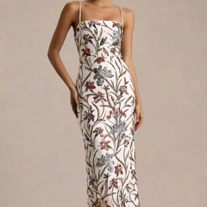 Kyle | Vestido Largo de Lentejuelas Crema con Adornos Florales y Escote Cuadrado