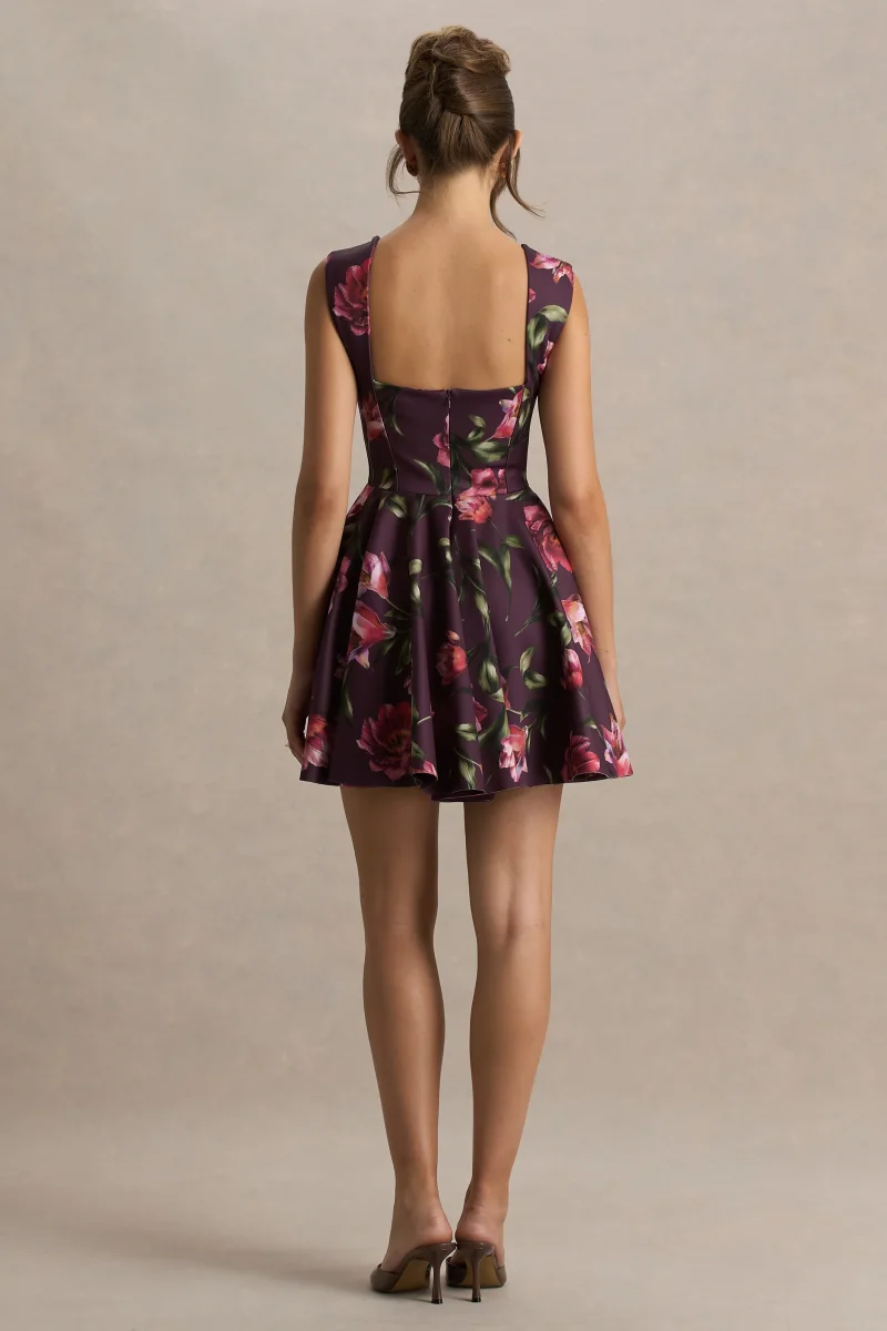Magic | Vestido Corto Burdeos Con Estampado Floral y Escote Corazón - Imagen 3