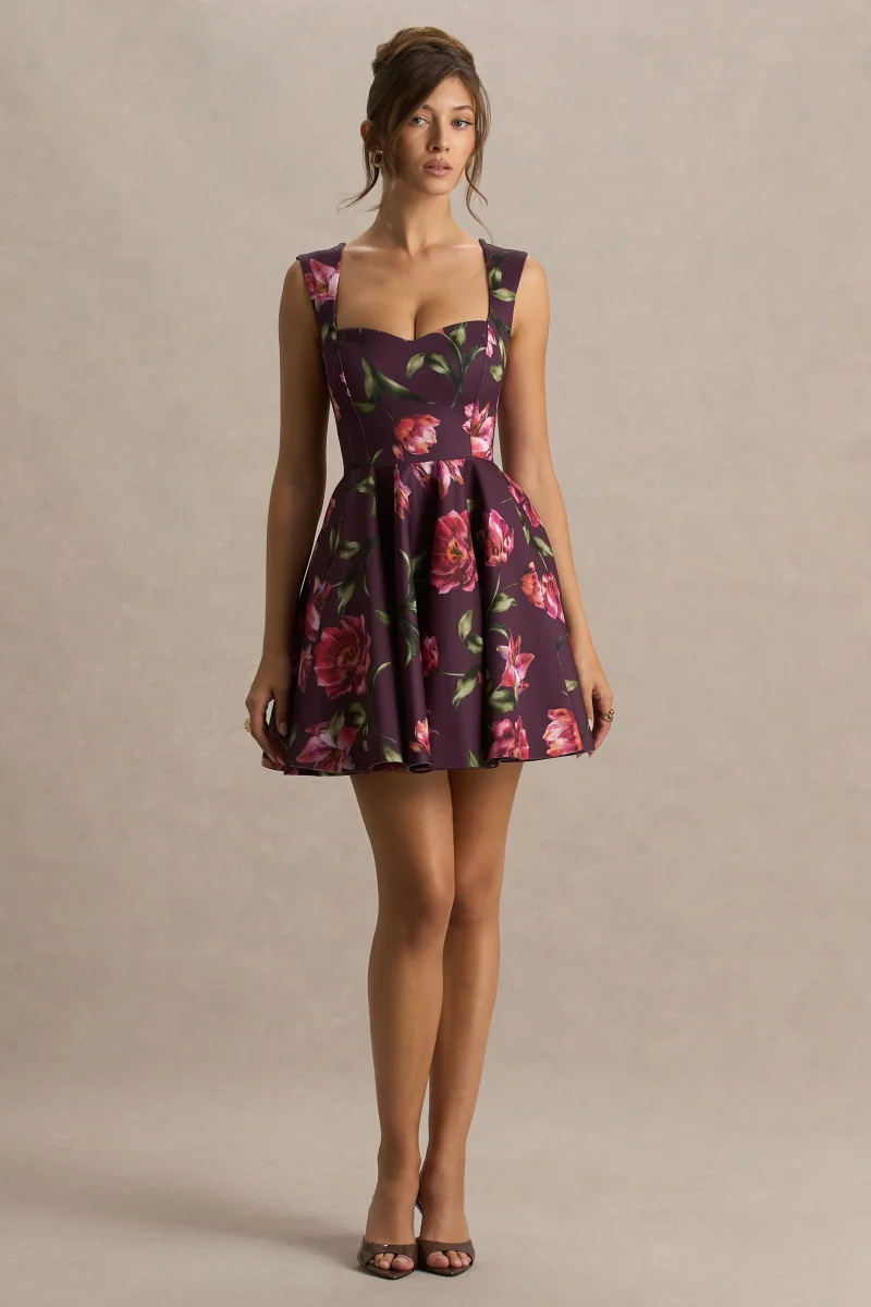 Magic | Vestido Corto Burdeos Con Estampado Floral y Escote Corazón - Imagen 5
