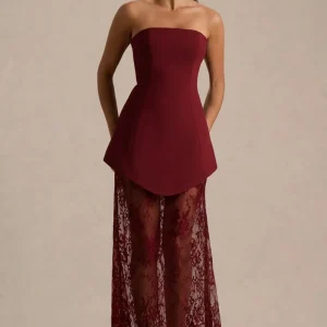 Brandi | Vestido largo burdeos bandeau con falda de encaje