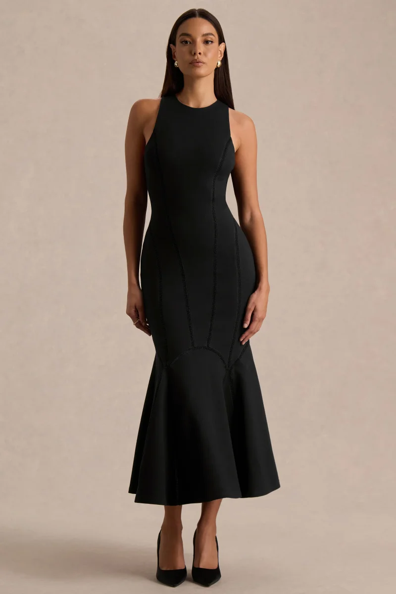 Sally | Vestido Midi Negro Con Cuello Redondo Y Talle Bajo
