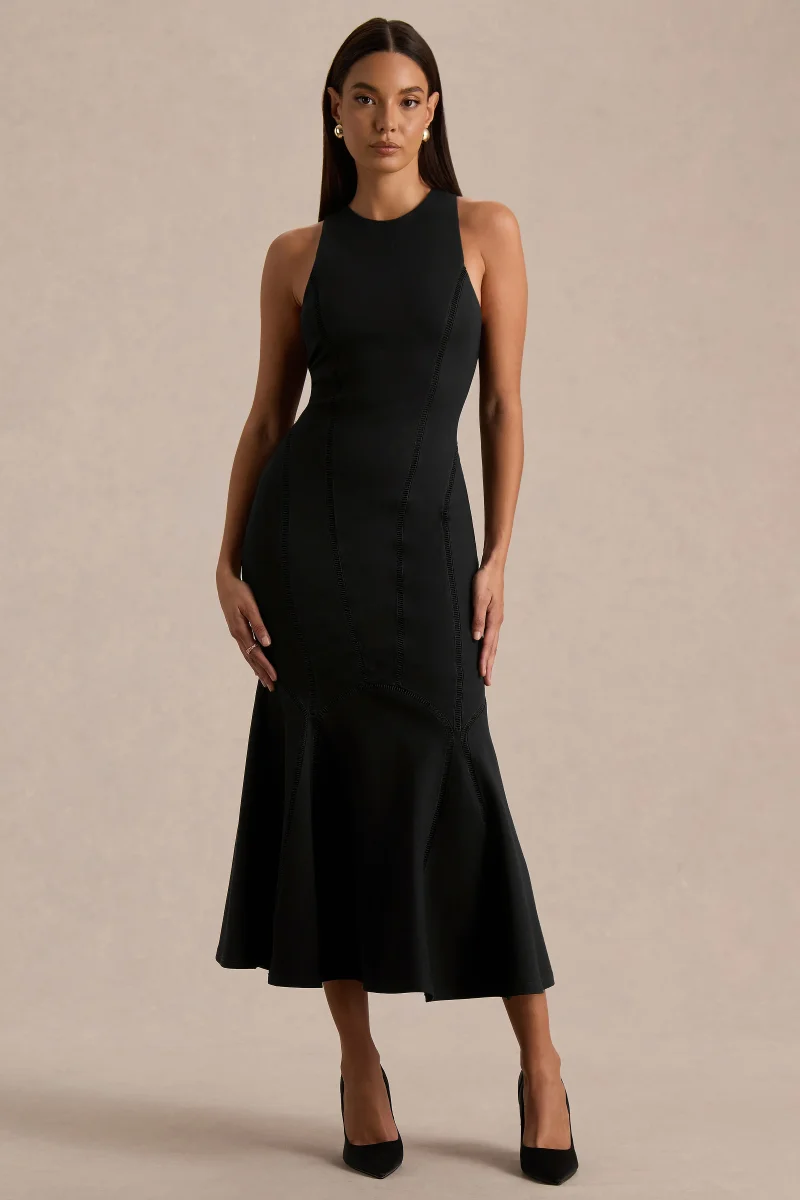 Sally | Vestido Midi Negro Con Cuello Redondo Y Talle Bajo - Imagen 5