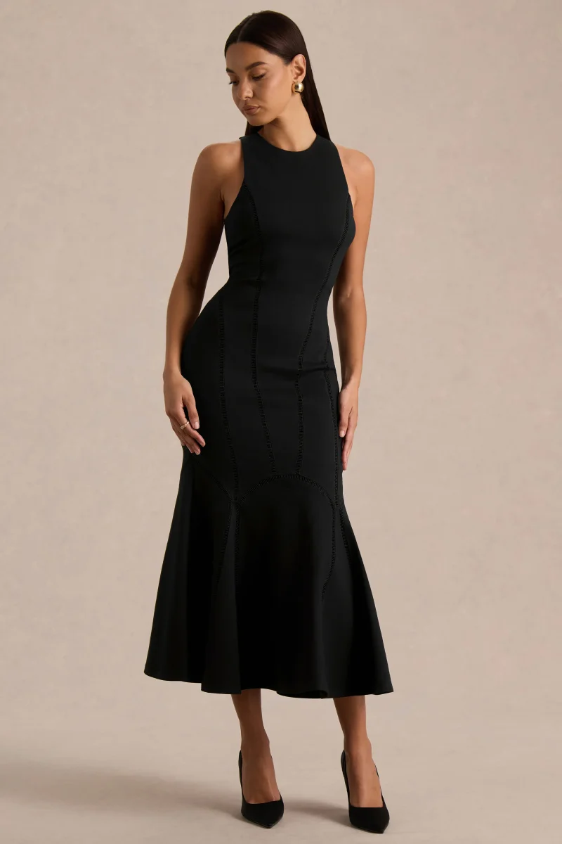 Sally | Vestido Midi Negro Con Cuello Redondo Y Talle Bajo - Imagen 6