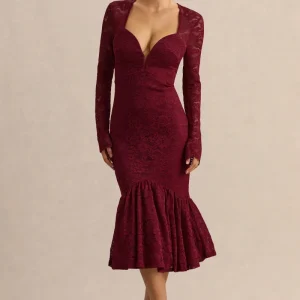 Camilly | Vestido Midi Sirena Burdeos de Encaje con Escote Profundo.