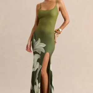 Yasmine | Vestido Largo Verde Oliva Con Estampado De Lirios, Cuello Cuadrado Y Abertura Delantera