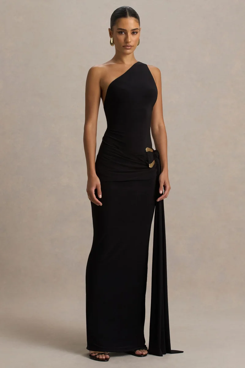 Bonnie | Vestido Largo Negro con Escote Asimétrico y Detalles Fruncidos - Imagen 8
