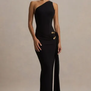 Bonnie | Vestido Largo Negro con Escote Asimétrico y Detalles Fruncidos