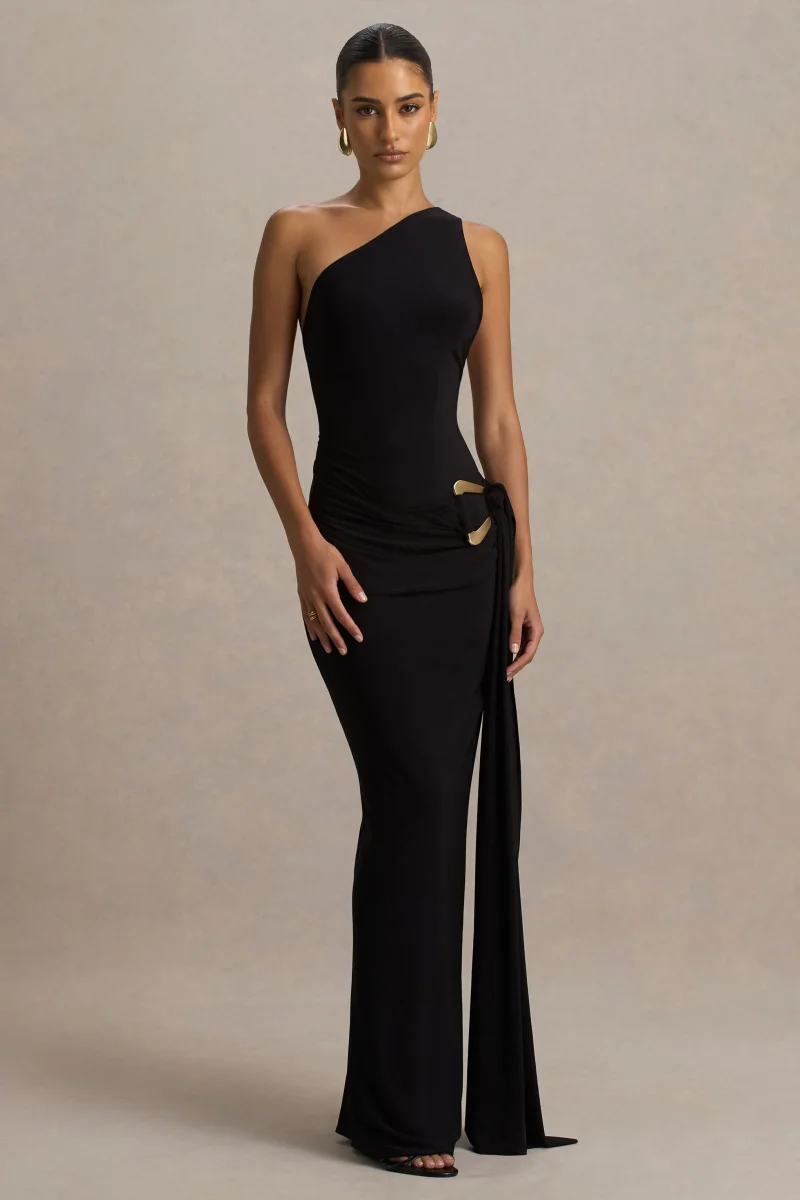 Bonnie | Vestido Largo Negro con Escote Asimétrico y Detalles Fruncidos