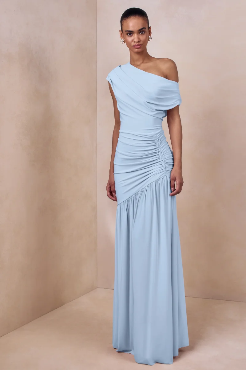 Kady | Vestido Largo Azul con Escote Asimétrico y Detalle Fruncido - Imagen 2