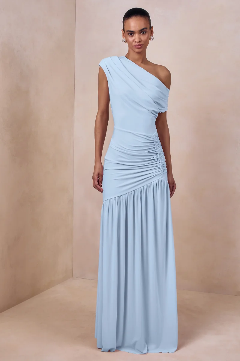 Kady | Vestido Largo Azul con Escote Asimétrico y Detalle Fruncido - Imagen 5